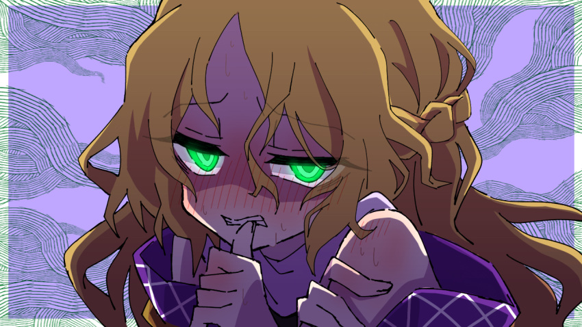 1girl alternate_hair_length alternate_hairstyle bangs biting blonde_hair blush braid commentary_request french_braid green_eyes long_hair looking_at_viewer mizuhashi_parsee neosiromaruzmc nose_blush one-hour_drawing_challenge parted_bangs purple_background scarf shoulder_blush solo thumb_biting touhou upper_body white_scarf