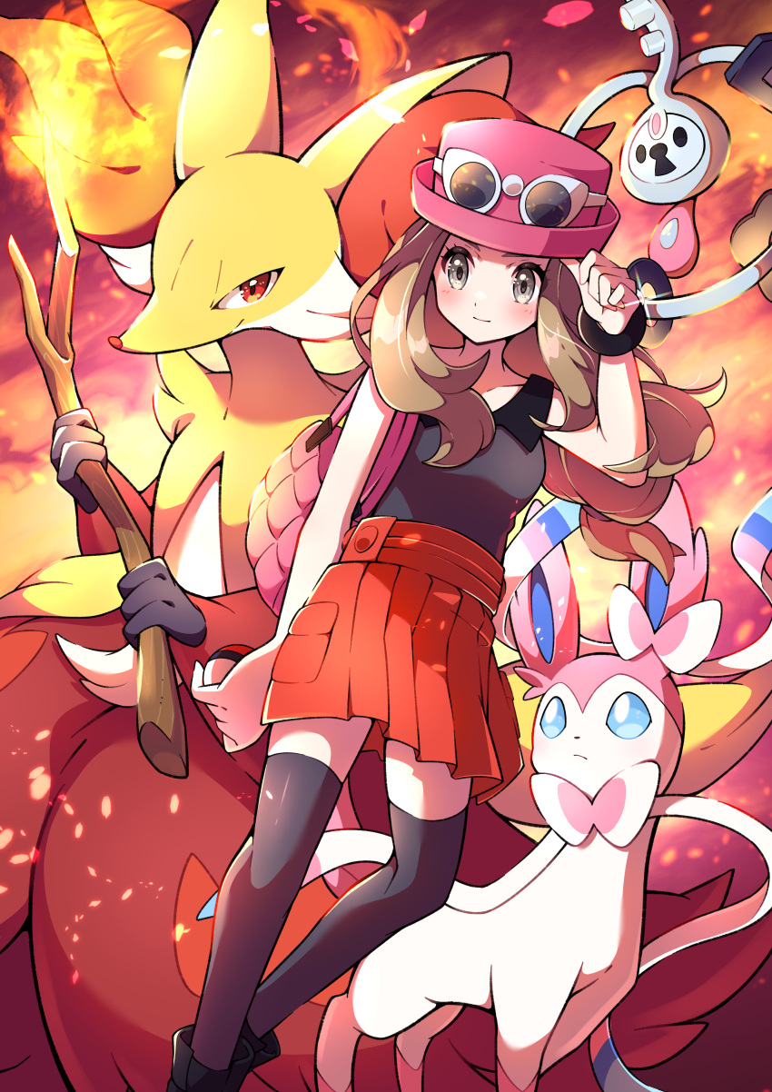 1girl absurdres animal_ear_fluff bag black_footwear blush brown_hair closed_mouth collared_shirt delphox eyelashes eyewear_on_headwear fire grey_eyes hand_up handbag hat highres klefki long_hair mega_ring pink_bag pink_headwear pokemon pokemon_(creature) pokemon_(game) pokemon_xy pon_yui red_skirt serena_(pokemon) shirt shoes skirt sleeveless sleeveless_shirt sunglasses sylveon thigh-highs white-framed_eyewear