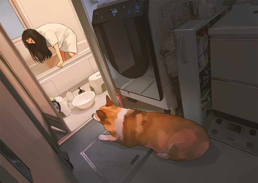 1girl bangs bathroom bathtub black_hair dog folding_door footstool hair_brush indoors light_switch long_hair looking_down morifumi original pet shirt soap_dispenser translation_request welsh_corgi white_shirt window