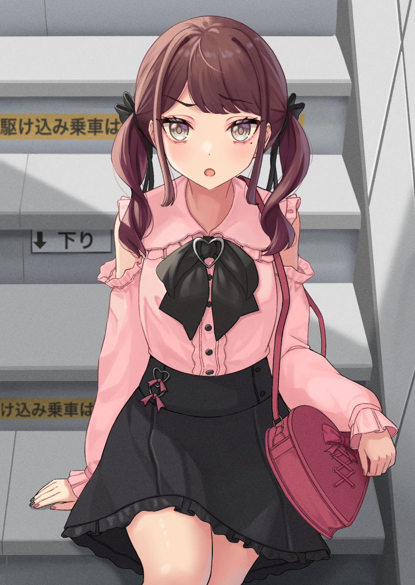 1girl :o arm_support bag bangs black_bow black_bowtie black_nails black_ribbon black_skirt bow bowtie buttons commentary_request detached_sleeves dot_nose frilled_shirt frilled_skirt frilled_sleeves frills grey_eyes hair_ribbon heart highres jirai_kei long_hair looking_at_viewer miniskirt mole mole_under_eye multicolored_nails nail_polish open_mouth original pink_shirt pink_sleeves red_bag red_nails ribbon shirt shirt_tucked_in shoulder_bag sidelocks skirt sleeves_past_wrists solo stairs swept_bangs temakizushi_(temakizushisand) thighs translation_request twintails