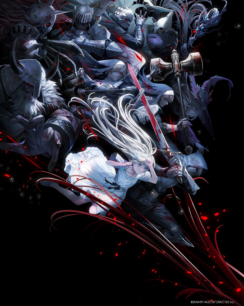 4girls 6+boys armor artist_request ball_and_chain_(weapon) belt black_background blood blood_on_weapon blue_eyes cloak colored_skin dark_witch_eleine ender_lilies_quietus_of_the_knights facial_hair faden_the_heretic fake_horns feathered_wings full_armor full_body gerrod_the_elder_warrior grey_hair grey_skin guardian_siegrid guardian_silva habit hat helmet highres hoenir_keeper_of_the_abyss holding holding_staff holding_sword holding_weapon hood hooded_cloak horned_headwear horned_helmet horns jewelry knife knight knight_captain_julius lily_(ender_lilies) long_hair multiple_boys multiple_girls necklace nun official_art plate_armor red_eyes redhead skeletal_wings spiked_pauldrons staff sword teeth tendril throwing_knife ulv_the_mad_knight umbral_knight_(ender_lilies) undead war_hammer weapon white_hair wings witch witch_hat