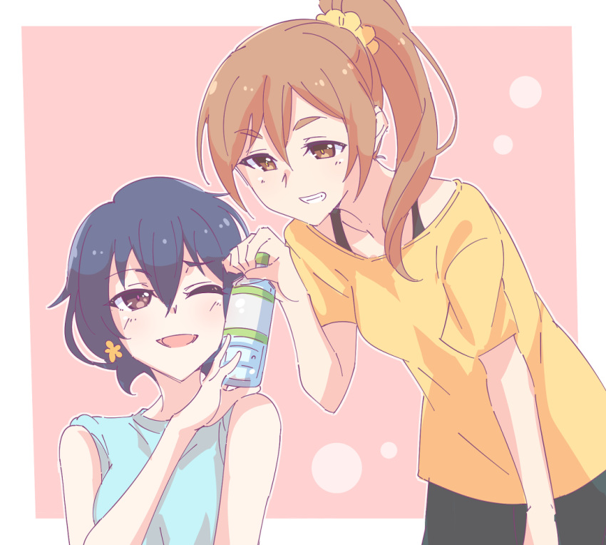 2girls ;d bangs bare_arms bare_shoulders black_hair blue_shirt bottle breasts brown_eyes brown_hair character_request collarbone e20 grin hair_between_eyes hair_ornament hair_over_shoulder hair_scrunchie holding holding_bottle long_hair mizuno_ai multiple_girls one_eye_closed pink_background ponytail scrunchie shirt short_sleeves sleeveless sleeveless_shirt small_breasts smile two-tone_background water_bottle white_background yellow_scrunchie yellow_shirt zombie_land_saga