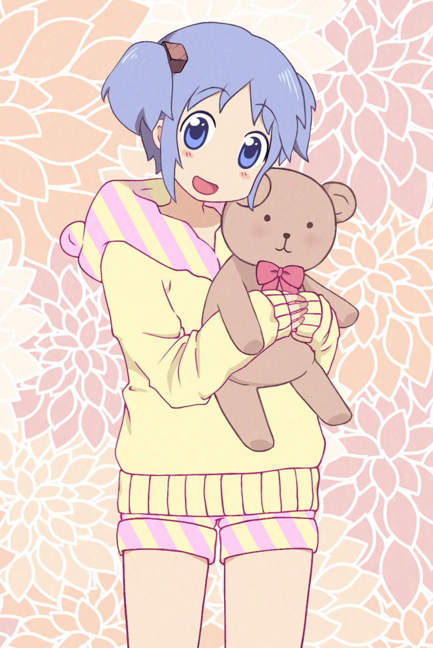 1girl blue_eyes blue_hair blush bow highres holding holding_stuffed_toy naganohara_mio nichijou open_mouth short_hair solo stuffed_animal stuffed_toy taelkonepti teddy_bear