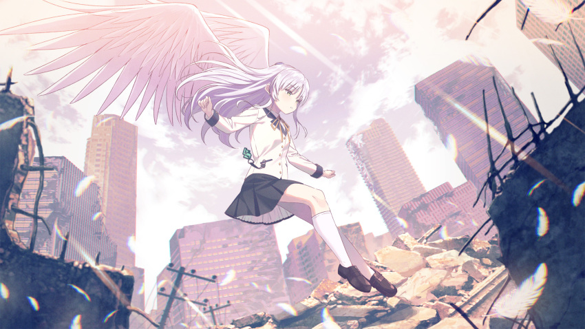 1girl angel angel_beats! angel_wings bangs black_skirt blurry blurry_foreground brown_footwear building buttons clouds cloudy_sky day dutch_angle falling falling_feathers full_body heaven_burns_red highres koh_rd light_blush loafers long_hair long_sleeves looking_down neck_ribbon official_art open_mouth outdoors outstretched_arms pleated_skirt ribbon ruins school_uniform shirt shoes sidelocks skirt sky skyscraper socks solo tachibana_kanade teeth white_hair white_shirt white_sky white_socks white_wings wings yellow_eyes yellow_ribbon