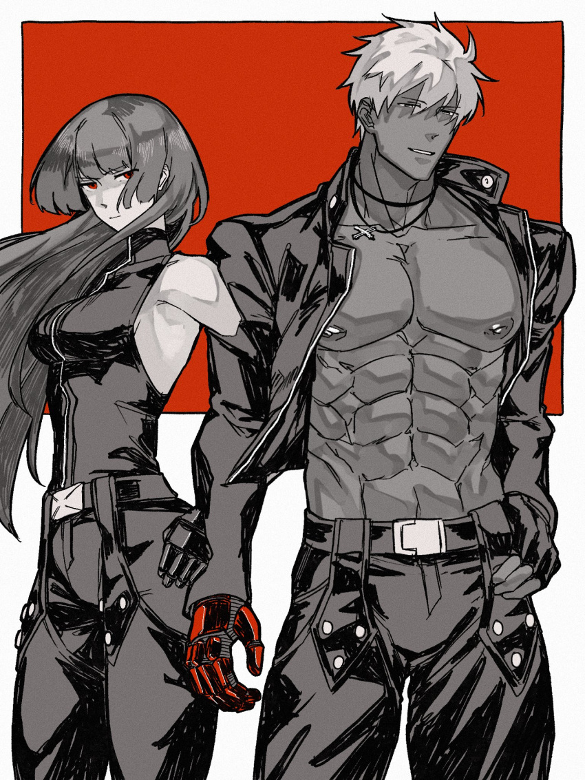 1boy 1girl armpits chaps dark-skinned_male dark_skin gloves greyscale highres jacket jewelry k'_(kof) kula_diamond long_hair monochrome muscular muscular_male necklace open_clothes open_jacket red_eyes syachiiro the_king_of_fighters white_hair