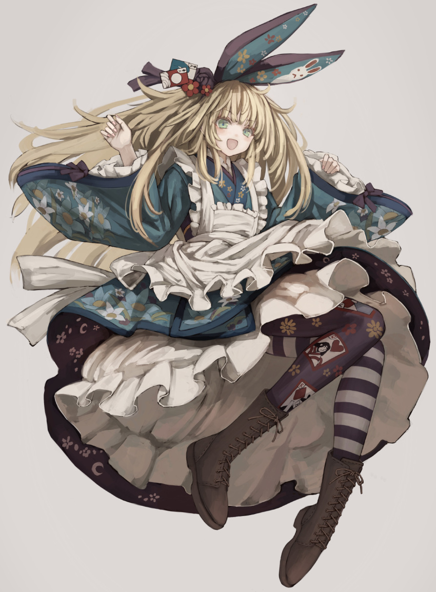 1girl animal_ears apron asymmetrical_legwear bangs blonde_hair boots card cross-laced_footwear dress floral_print frilled_apron frilled_dress frills full_body green_eyes grey_background highres lace-up_boots lolita_fashion long_hair long_sleeves mismatched_legwear open_mouth original osobachan playing_card print_legwear rabbit_ears revision simple_background smile solo striped wa_lolita wa_maid