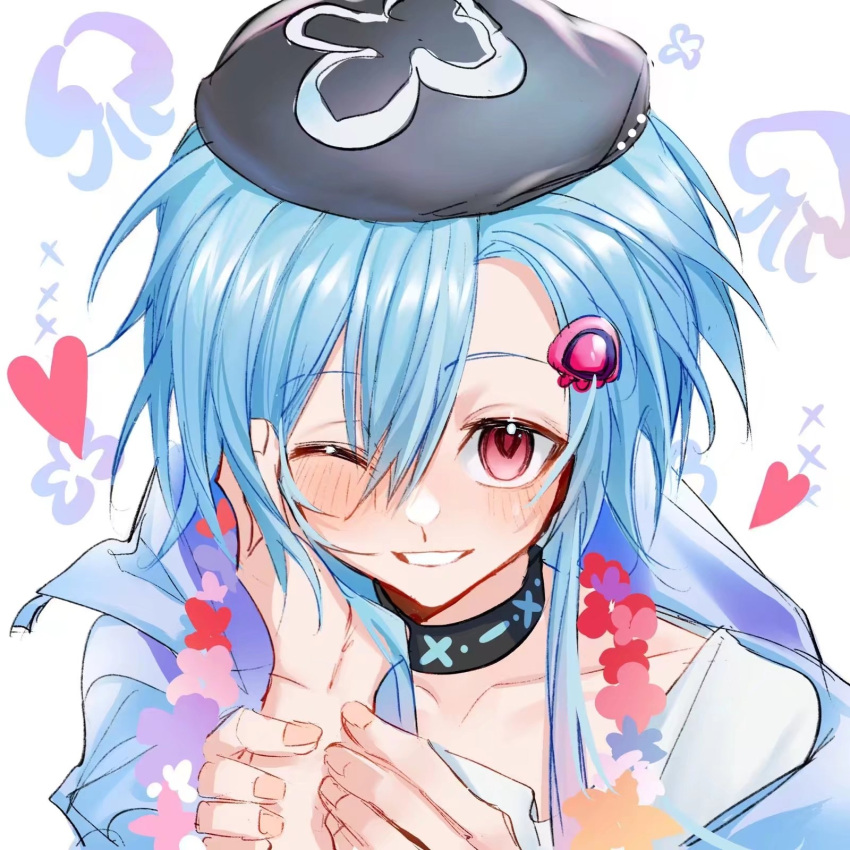 1boy arknights bishounen blue_hair blush chinese_commentary from_above hair_ornament hairpin hand_on_another's_cheek hand_on_another's_face hat heart highres infection_monitor_(arknights) male_focus mizuki_(arknights) one_eye_closed otoko_no_ko pov red_eyes short_hair smile solo upper_body wolengquanzashihaodaizijizuofannizhichihaizhihuizaniyoushemeyong?