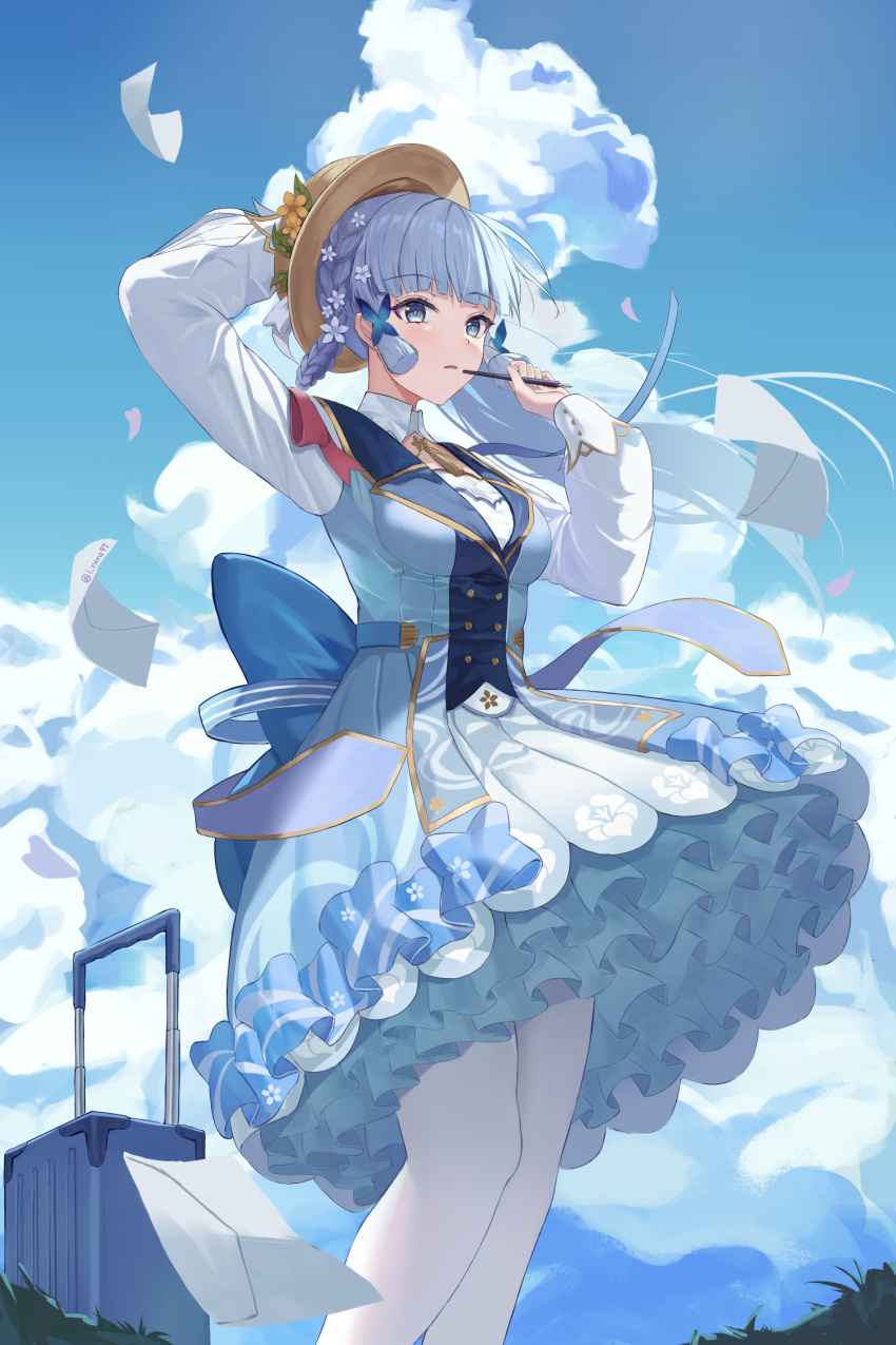 1girl arm_up back_bow bangs blue_dress blue_eyes blue_hair blue_sky blunt_bangs blunt_tresses bow braid breasts brown_headwear butterfly_hair_ornament clouds day dress floating_hair flower flying_paper frilled_dress frills genshin_impact gold_trim hair_flower hair_ornament hand_up hat highres holding holding_pen i_ruru kamisato_ayaka kamisato_ayaka_(springbloom_missive) layered_dress light_blue_hair long_sleeves looking_at_viewer medium_breasts multicolored_clothes multicolored_dress nib_pen_(object) official_alternate_costume outdoors pantyhose paper parted_lips pen puffy_long_sleeves puffy_sleeves sky solo standing suitcase white_flower white_pantyhose wind