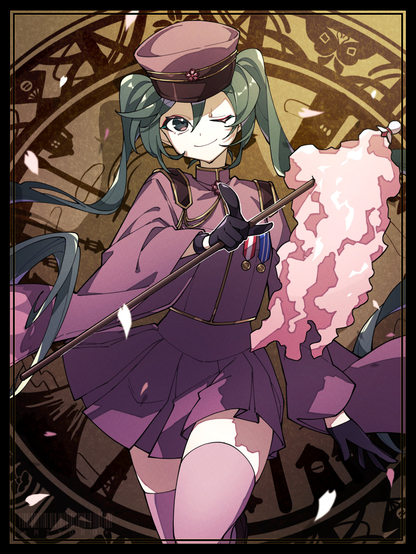 absurdres alternate_hair_color black_border black_gloves border cherry_blossoms closed_mouth coat collared_coat commentary falling_petals floral_print gloves gohei gold_trim green_hair grey_eyes hat hatsune_miku highres japanese_clothes long_hair long_sleeves medal military military_uniform odd_(miyoru) official_alternate_costume one_eye_closed oonusa outline peaked_cap petals pink_coat pink_skirt pink_thighhighs pleated_skirt pointing pointing_at_viewer sakuramon senbon-zakura_(vocaloid) shadow skirt thigh-highs twintails uniform very_long_hair vocaloid walking white_outline zettai_ryouiki