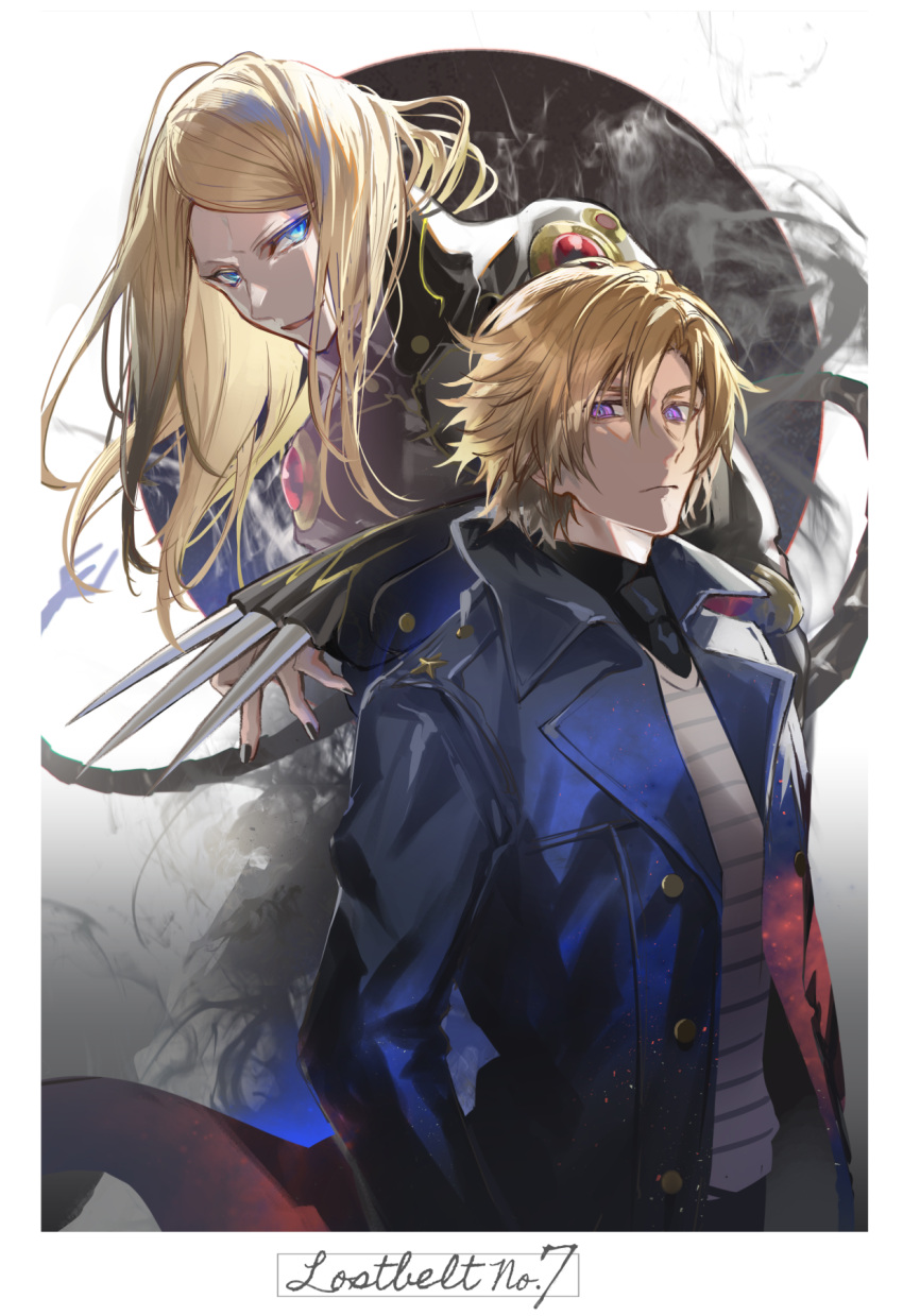 2boys bangs blonde_hair blue_eyes border closed_mouth daybit_sem_void evil_smile fate/grand_order fate_(series) hair_between_eyes highres jacket long_hair looking_at_viewer multiple_boys open_clothes open_jacket open_mouth parted_bangs poppoman short_hair smile tezcatlipoca_(fate) tezcatlipoca_(second_ascension)_(fate) violet_eyes white_border