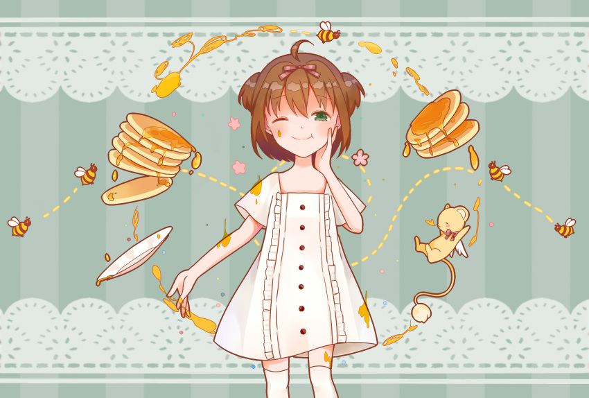 1girl ahoge animal bee brown_hair bug buttons cardcaptor_sakura cerberus closed_mouth commentary dotted_line double_bun dress floating floating_object flower flower_(symbol) flying food frilled_dress frills green_eyes grey_background hair_between_eyes hair_bun hair_ribbon hand_on_own_cheek hand_on_own_face heart highres honey inuinu-s kerberos kinomoto_sakura kneehighs lace_trim long_tail looking_at_viewer one_eye_closed open_mouth pancake pancake_stack pink_flower plate ribbon short_hair short_sleeves socks solo striped striped_background symbol-only_commentary tail two-tone_background two_side_up vertical_stripes white_dress white_socks