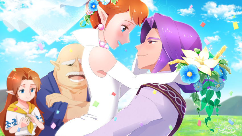 2boys 2girls :d anju bald blue_eyes blue_sky bouquet brown_hair clouds confetti cremia crossed_arms dress earrings elbow_gloves erotani eye_contact gloves head_wreath hetero highres jewelry kafei link long_hair looking_at_another multiple_boys multiple_girls mutoh necklace pointy_ears purple_hair red_eyes sky sleeveless sleeveless_dress smile the_legend_of_zelda the_legend_of_zelda:_majora's_mask thick_eyebrows upper_body veil wedding wedding_dress white_dress