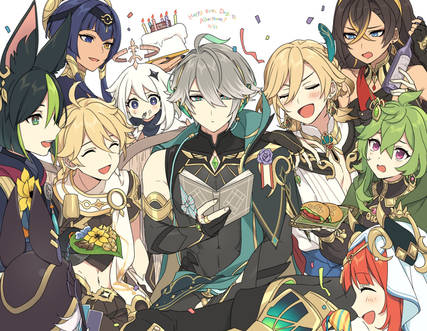 5boys 5girls :d ^_^ aether_(genshin_impact) ahoge alhaitham_(genshin_impact) animal_ear_fluff animal_ears animal_hat arm_on_shoulder bangs bare_shoulders birthday black_eyes black_gloves black_hair black_hairband black_headwear black_nails black_shirt blonde_hair blue_eyes blue_hair blunt_bangs blush book bottle braid braided_ponytail bright_pupils brown_dress brown_hair cable cake candace_(genshin_impact) candle cape chalice character_name closed_eyes closed_mouth collei_(genshin_impact) commentary_request compression_shirt confetti crossed_bangs cup cyno_(genshin_impact) dark-skinned_female dark-skinned_male dark_blue_hair dark_skin dehya_(genshin_impact) dress earrings elbow_gloves expressionless eyelashes fake_horns feather_hair_ornament feathers fingernails flower food food_on_face fork fox_ears gem genshin_impact gloves green_cape green_eyes green_gemstone green_hair grey_hair hair_between_eyes hair_ornament hair_over_one_eye hairband halo hand_up happy_birthday hat heterochromia highres holding holding_book holding_bottle holding_cake holding_cup holding_food holding_fork horns jackal_ears jewelry kaveh_(genshin_impact) kokotendon long_hair long_sleeves looking_at_another looking_at_viewer medal medium_hair multicolored_clothes multicolored_hair multiple_boys multiple_girls nail_polish necklace nilou_(genshin_impact) open_book open_mouth paimon_(genshin_impact) parted_bangs partially_fingerless_gloves profile puffy_long_sleeves puffy_sleeves purple_flower purple_rose redhead rose shirt short_hair short_hair_with_long_locks shoulder_cape sidelocks simple_background single_braid single_earring sitting sleeveless sleeveless_shirt smile star_(symbol) star_hair_ornament streamers swept_bangs teeth tighnari_(genshin_impact) two-tone_hair upper_body upper_teeth_only veil violet_eyes vision_(genshin_impact) wavy_mouth white_background white_hair white_pupils white_shirt yellow_eyes yellow_flower