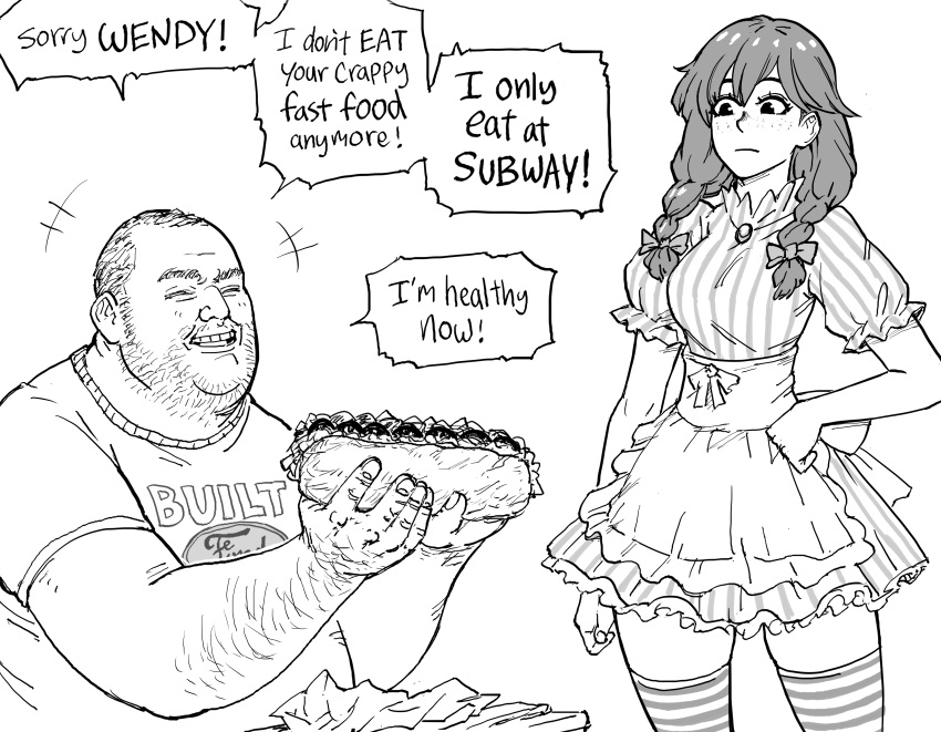 1boy 1girl absurdres apron bb_(baalbuddy) english_text fat fat_man food greyscale highres holding holding_food monochrome obese original pinstripe_pattern sandwich short_twintails simple_background skirt speech_bubble striped twintails wendy's wendy_(wendy's) white_background