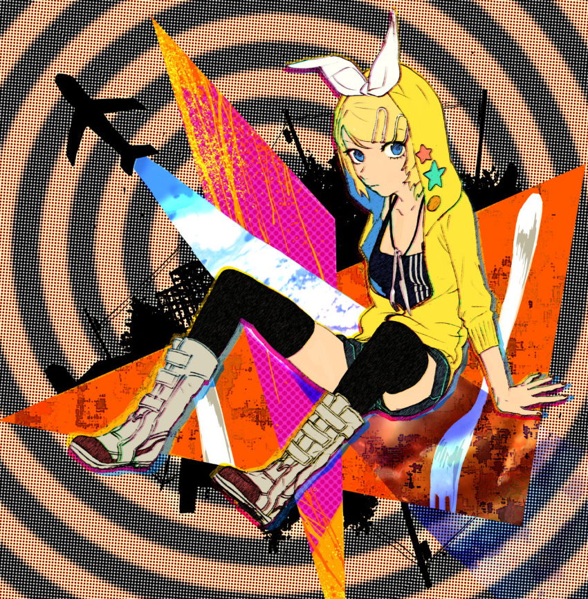 aircraft airplane black_shirt black_thighhighs blonde_hair blue_eyes boots collarbone eyelashes fork hair_ornament hairclip highres hood hoodie jewelry kagamine_rin knife mitosa necklace serious shirt short_hair shorts sitting spiral spiral_background star_(symbol) thigh-highs utility_pole vocaloid white_footwear yellow_hoodie