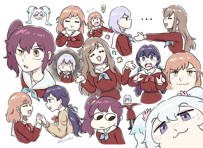 +_+ ... 6+girls alternate_hair_color black_eyes blue_hair blue_neckerchief brown_eyes cartoonized english_commentary highres hinoshita_kaho holding_hands kotori_photobomb link!_like!_love_live! looking_down love_live! multiple_girls multiple_views murano_sayaka neckerchief open_hands orange_hair osawa_rurino otomune_kozue outstretched_arms purple_hair raised_eyebrow red_neckerchief scared shaded_face shiteyan'yo short_hair shrugging side_ponytail sket_(yurisket) smile t-pose thinking toon_(style) twintails twitter_username v-shaped_eyebrows virtual_youtuber vocaloid yellow_eyes yugiri_tsuzuri