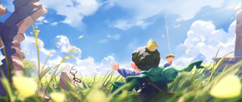1boy arms_up black_hair blue_shirt blue_sky blurry blurry_foreground bojji cape clouds commentary crown day depth_of_field english_commentary facing_away grass green_cape highres holding holding_sword holding_weapon kage_(ousama_ranking) leaf long_sleeves mini_crown mountain orenji_(orenjikunart) ousama_ranking outdoors rock ruins running scenery shirt short_hair sky sword tree weapon