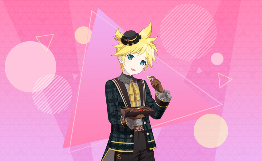 1boy 25-ji_night_code_de._(project_sekai) bangs belt black_pants blazer blonde_hair bow box box_of_chocolates brooch brown_belt brown_gloves chocolate circle collared_shirt colorful_palette cowboy_shot diagonal_stripes dot_nose food frilled_headwear frilled_sleeves frills gloves gold_trim green_eyes grey_shirt hat hat_bow head_tilt heart_brooch high_ponytail highres holding holding_box holding_chocolate holding_food jacket jewelry kagamine_len lace-trimmed_collar lace_trim light_smile looking_at_viewer male_focus mini_hat mini_top_hat neck_ribbon official_art pants parted_bangs parted_lips pink_background plaid project_sekai ribbon shirt short_ponytail simple_background striped sweets tailcoat third-party_source top_hat triangle valentine vocaloid yellow_ribbon