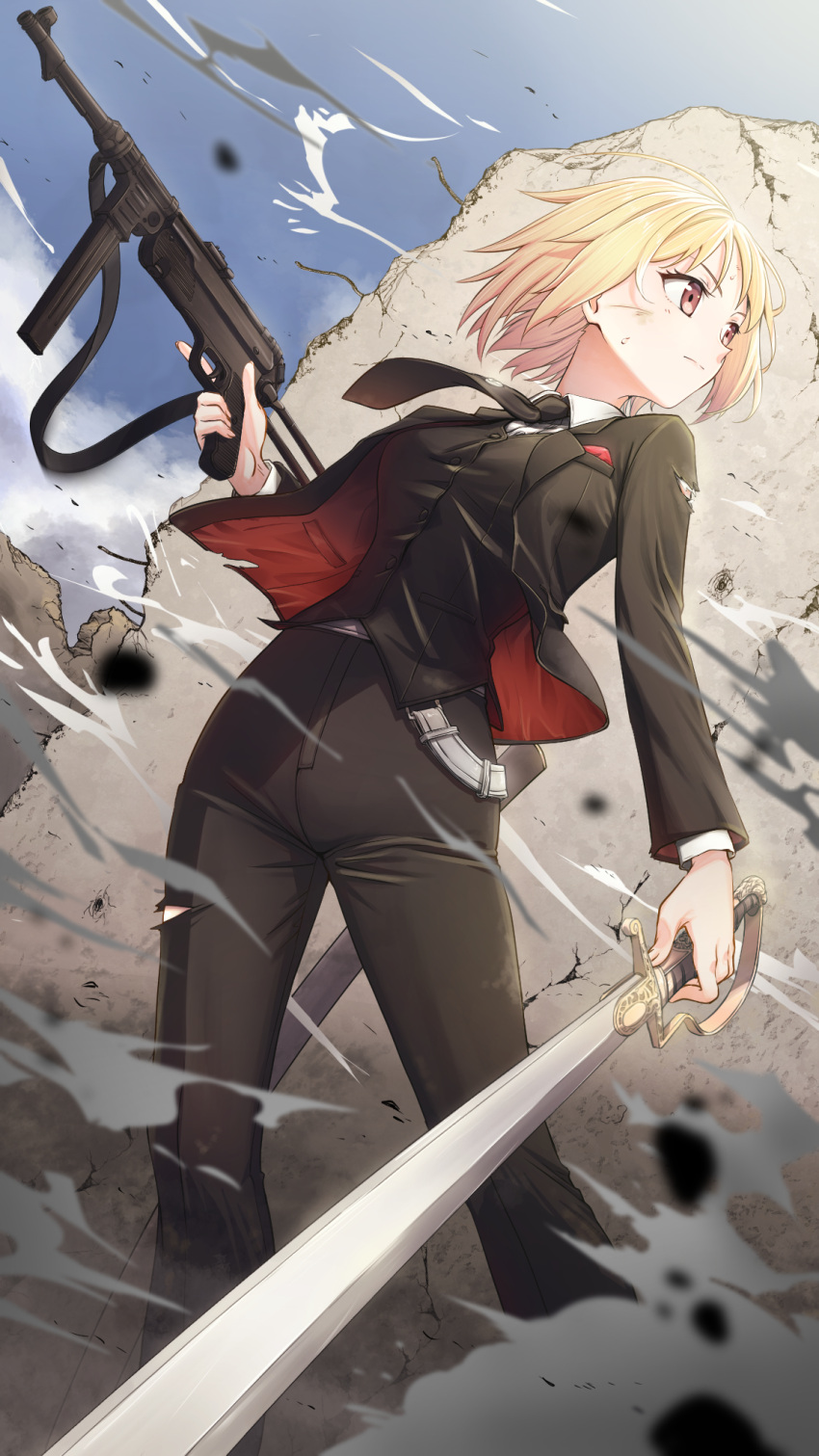 alternate_costume black_necktie black_pants black_suit blonde_hair blue_sky breasts brown_eyes clouds commission concrete debris dust dust_cloud feet_out_of_frame formal girls_frontline gun highres holding holding_sword holding_weapon looking_to_the_side medium_breasts mp40 mp40_(girls'_frontline) necktie non-web_source pants rubble saber_(weapon) scabbard sheath shirt skeb_commission sky submachine_gun suit sweat sword tarutaru_gungun torn_clothes weapon white_shirt
