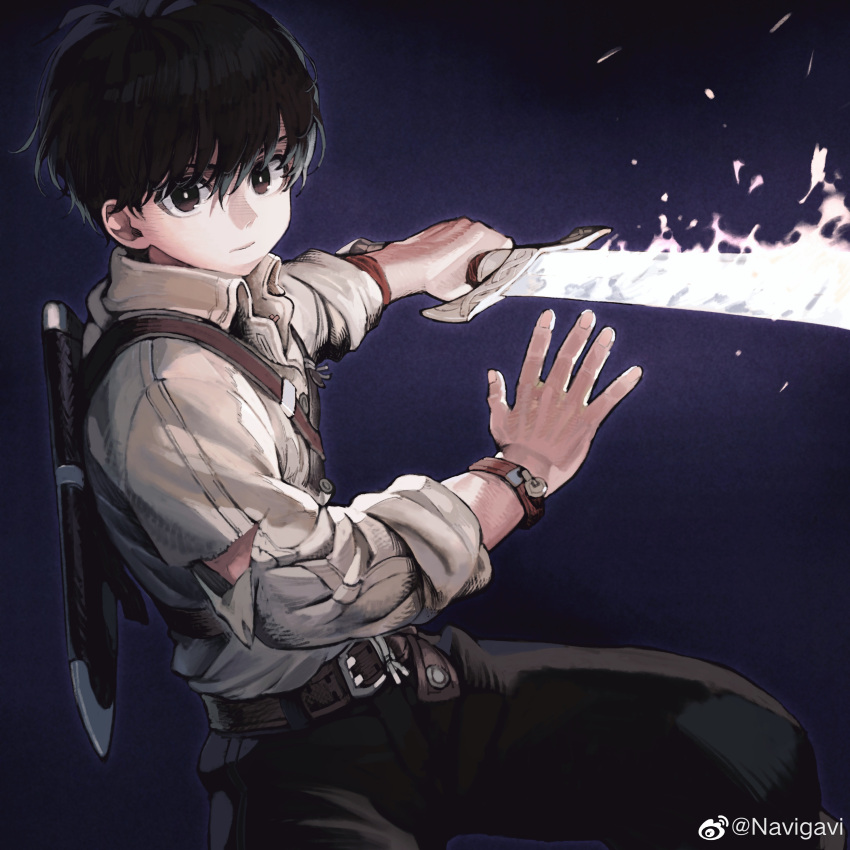 1boy absurdres belt black_eyes black_hair black_pants blue_background brown_belt collared_shirt cowboy_shot expressionless fighting flaming_weapon from_side highres holding holding_sword holding_weapon jun_(seojh1029) looking_at_viewer looking_to_the_side original pants sheath shirt short_hair solo sword unsheathed weapon weibo_logo weibo_username white_shirt wristband