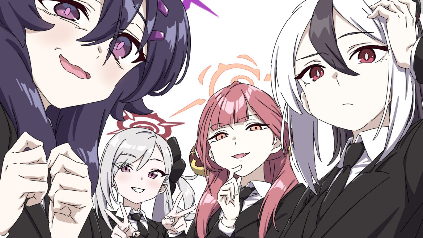 4girls aru_(blue_archive) bangs black_flower black_hair black_jacket black_necktie blue_archive blush brilliantko closed_mouth collared_shirt double_v flower grey_hair hair_between_eyes hair_flower hair_ornament hairclip halo haruka_(blue_archive) highres horns jacket kayoko_(blue_archive) long_hair long_sleeves looking_at_viewer multicolored_hair multiple_girls mutsuki_(blue_archive) necktie open_mouth parted_lips purple_hair red_eyes redhead shirt short_hair side_ponytail simple_background streaked_hair v violet_eyes wavy_mouth white_background white_hair white_shirt