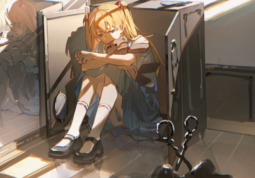 1girl aged_down arms_on_knees baizuo529 black_footwear blue_dress blue_eyes covered_mouth crossed_arms day different_reflection drawer dress expressionless from_side full_body highres indoors interface_headset knees_up long_hair mary_janes mirror neon_genesis_evangelion on_floor orange_hair pinafore_dress reflection school_uniform scissors shirt shoes sitting socks solo souryuu_asuka_langley stuffed_animal stuffed_toy teddy_bear tokyo-3_middle_school_uniform two_side_up white_shirt white_socks