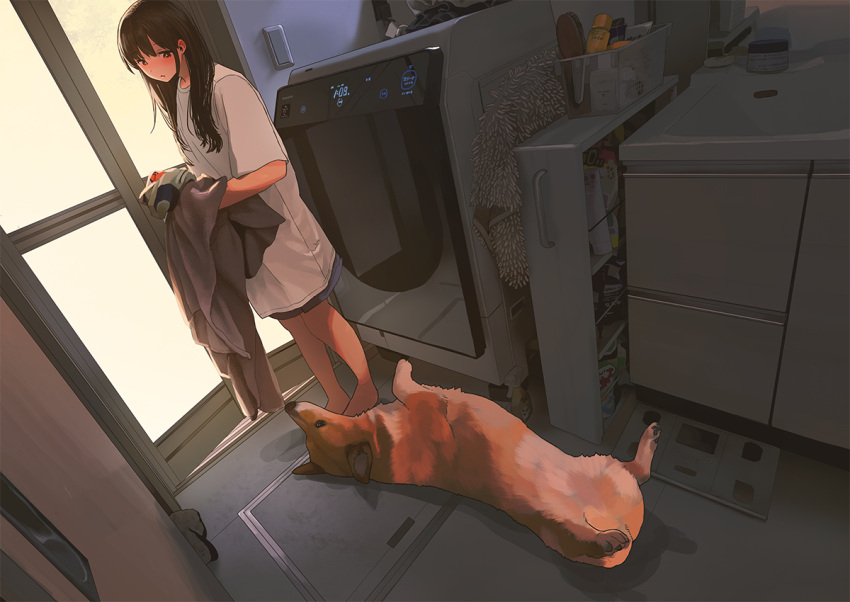 1girl bangs black_hair dog folding_door hair_brush indoors light_switch long_hair looking_at_animal looking_down morifumi open_mouth original pet shirt sink towel translation_request welsh_corgi white_shirt