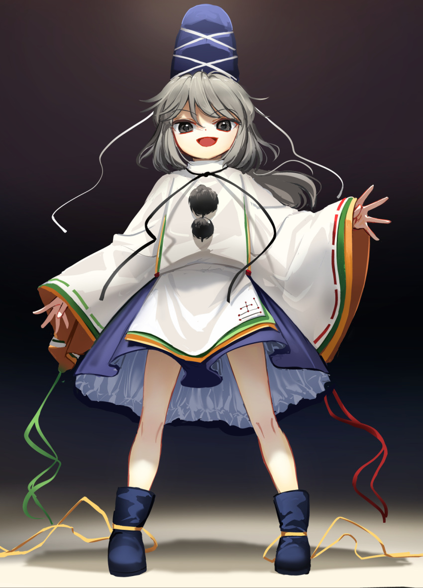 1girl black_footwear blue_eyes blue_headwear blue_skirt boots full_body grey_hair hat highres japanese_clothes kariginu long_hair long_sleeves mononobe_no_futo open_mouth pom_pom_(clothes) ponytail ribbon-trimmed_sleeves ribbon_trim skirt smile solo standing suna_(s73d) tate_eboshi touhou wide_sleeves