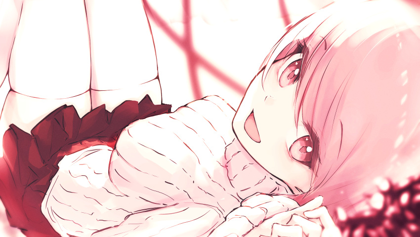 1girl bangs blurry blurry_foreground breasts highres knees_up large_breasts long_sleeves looking_at_viewer looking_back lying open_mouth original pink_eyes pink_hair pink_theme reizouko skirt smile solo sweater thigh-highs thighs turtleneck turtleneck_sweater white_background white_sweater white_thighhighs