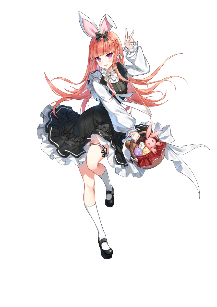 1girl :o absurdres animal_ears arm_up bangs basket black_bow black_dress black_footwear blunt_bangs blush bow bowtie braid closers dress dress_bow easter_egg egg fake_animal_ears foot_up frilled_dress frills full_body hair_bow hand_up highres holding holding_basket kneehighs long_hair long_sleeves looking_at_viewer luna_aegis_(closers) mary_janes official_art orange_hair pink_eyes puffy_long_sleeves puffy_sleeves rabbit rabbit_ears shoes short_dress side_braid socks solo standing standing_on_one_leg tachi-e thigh_bow thigh_strap v white_background white_bow white_bowtie white_sleeves white_socks