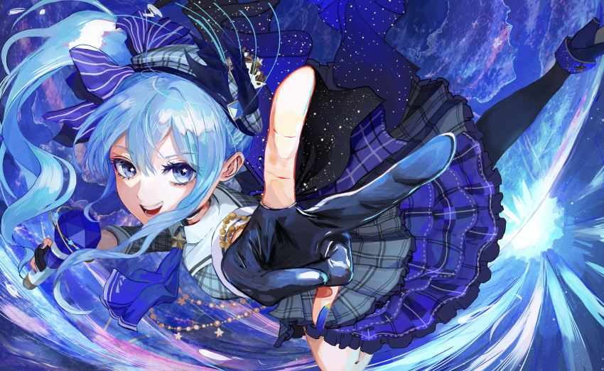 1girl :d absurdres ascot beret black_gloves black_thighhighs blue_ascot blue_eyes blue_hair blue_nails crown foreshortening gloves hair_between_eyes hat highres hololive hoshimachi_suisei long_hair looking_at_viewer microphone mini_crown nail_polish nakauma open_mouth partially_fingerless_gloves side_ponytail single_thighhigh smile solo star_(symbol) star_in_eye symbol_in_eye thigh-highs v virtual_youtuber