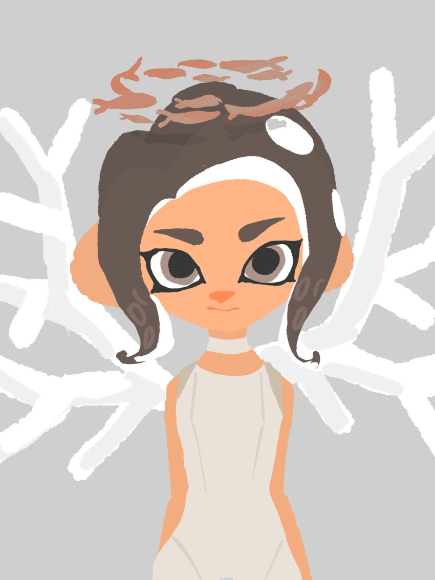 1girl bare_shoulders black_hair bodysuit closed_mouth coral fish flat_chest flat_color grey_background grey_bodysuit grey_choker grey_eyes highres looking_at_viewer medium_hair no_lineart octoling octoling_girl pantylines school_of_fish shadow simple_background sleeveless sleeveless_bodysuit solo splatoon_(series) splatoon_3 splatoon_3:_side_order splatoon_under straight-on suction_cups tentacle_hair