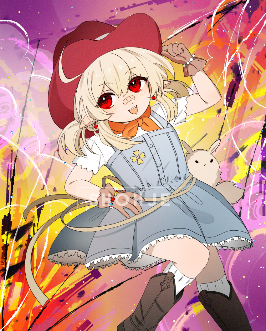 1girl absurdres bandaid bandaid_on_face bandaid_on_nose blonde_hair boots brown_footwear brown_gloves cowboy_hat dodoco_(genshin_impact) earrings elf female_child genshin_impact gloves grey_skirt hat highres jewelry klee_(genshin_impact) looking_at_viewer open_mouth pointy_ears red_eyes red_headwear shirt shohje short_twintails skirt smile suspender_skirt suspenders twintails white_shirt
