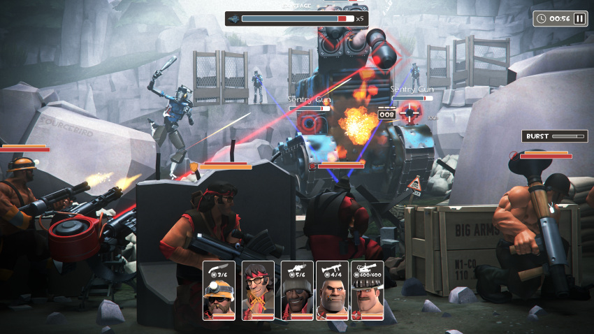 3d absurdres cptsourcebird demoman_(tf2) engineer_(tf2) goddess_of_victory:_nikke ground_vehicle highres military military_vehicle motor_vehicle parody saxton_hale sentry sniper_(tf2) soldier_(tf2) tank team_fortress_2 video_game