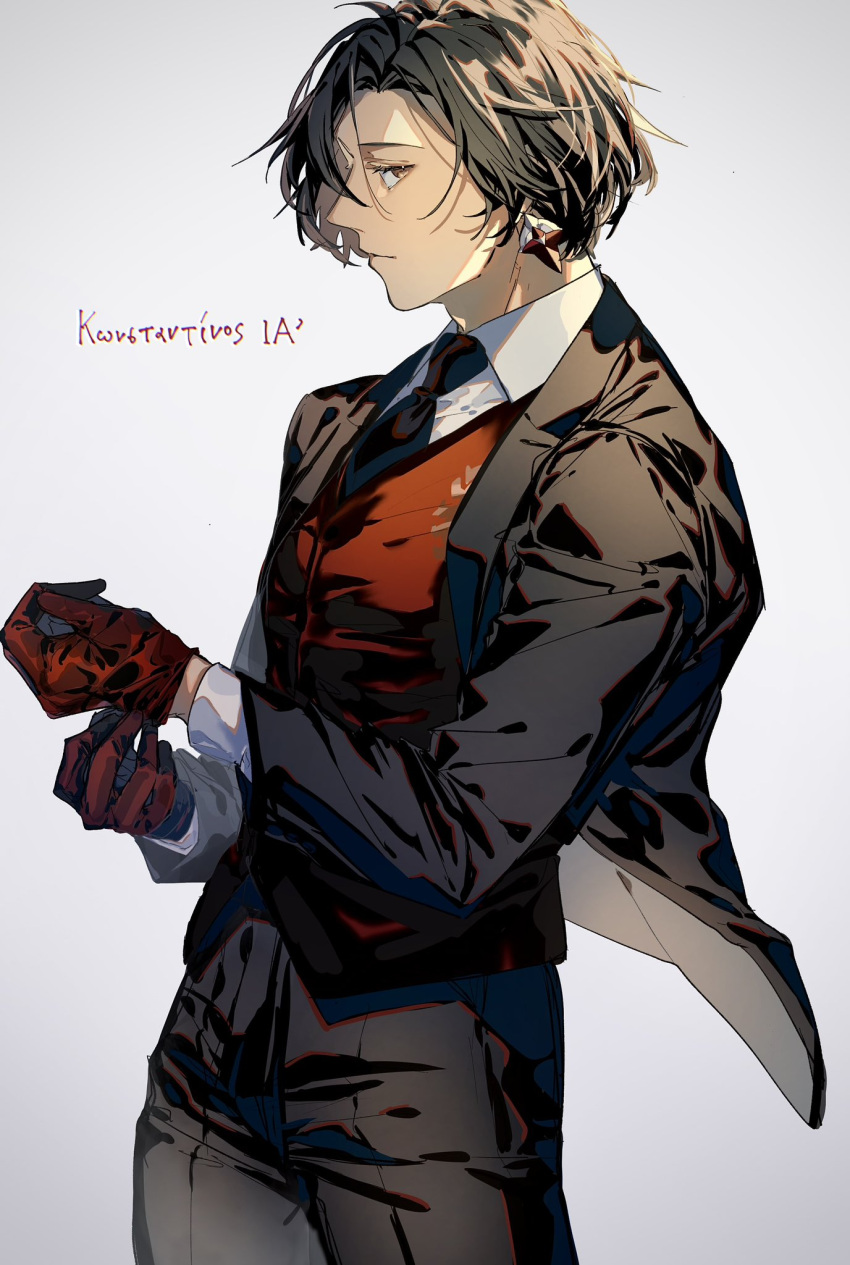 1boy adjusting_clothes adjusting_gloves black_hair black_jacket black_necktie black_pants black_suit brown_eyes character_name closed_mouth collared_shirt constantine_xi_(fate) cowboy_shot earrings fate/grand_order fate_(series) formal from_side gloves greek_text hair_between_eyes highres jacket jewelry looking_at_viewer male_focus nasubi_illust necktie open_clothes open_jacket pants profile red_gloves red_vest shirt short_hair sideways_glance simple_background solo suit vest white_background white_shirt