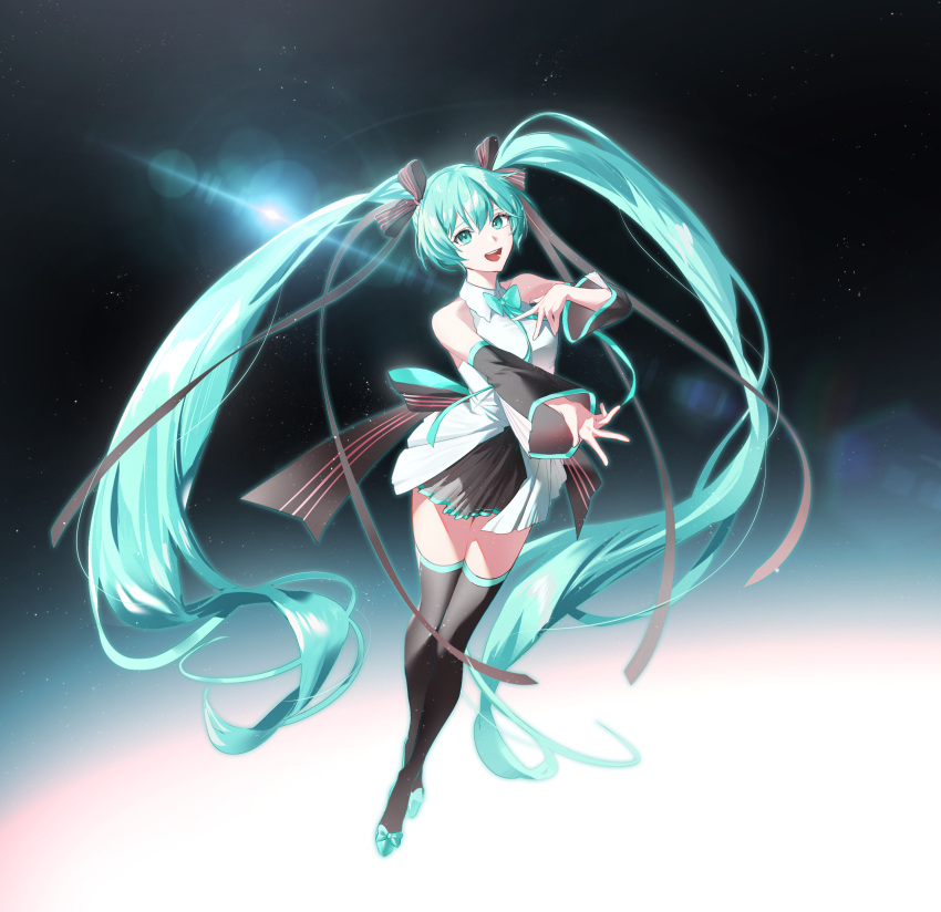 1girl :d absurdres bangs black_skirt black_sleeves black_thighhighs blue_footwear blue_hair bow collared_shirt detached_sleeves dress_shirt floating_hair full_body green_eyes hair_between_eyes hair_bow hatsune_miku high_heels highres long_hair long_sleeves miniskirt multicolored_sleeves nyamnyam0502 open_mouth outstretched_arm pleated_skirt pumps shirt skirt sleeveless sleeveless_shirt smile solo striped striped_bow thigh-highs twintails very_long_hair vocaloid white_shirt white_sleeves wing_collar zettai_ryouiki