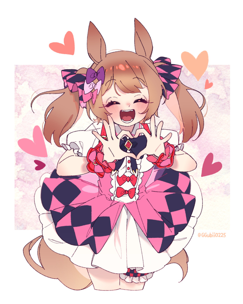1girl ^_^ animal_ears blush bow bowtie bridal_garter brown_hair center_frills closed_eyes cropped_legs facing_viewer frills ggubii0225 hair_bow heart heart_hands high-waist_skirt highres horse_ears horse_girl horse_tail long_hair open_mouth petticoat pink_skirt puffy_short_sleeves puffy_sleeves shirt short_sleeves skirt smart_falcon_(umamusume) smile solo suspender_skirt suspenders tail twintails twitter_username umamusume white_shirt wrist_cuffs