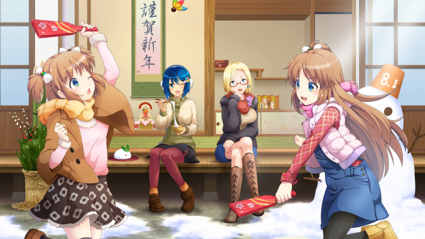 4girls :d ;d ;o absurdres black_pantyhose black_skirt blonde_hair blouse blue_dress blue_eyes blue_hair blue_skirt blush boots bowl box breasts brown_footwear brown_hair brown_skirt claudia_madobe cross-laced_footwear dress earrings eating glasses green_sweater hair_ornament hair_ribbon highres holding holding_bowl house jacket jewelry lace-up_boots large_breasts long_hair looking_at_viewer madobe_ai madobe_nanami madobe_yuu microsoft microsoft_windows multiple_girls one_eye_closed open_mouth os-tan pantyhose pink_jacket pink_scarf pink_sweater plant playing_sports potted_plant red_pantyhose red_scarf ribbon scarf scroll shirt shoes short_hair side_ponytail single_earring sitting skirt smile snow snowman standing standing_on_one_leg sweater thigh-highs windows_7 windows_8 windows_azure winter_clothes yellow_footwear yellow_scarf