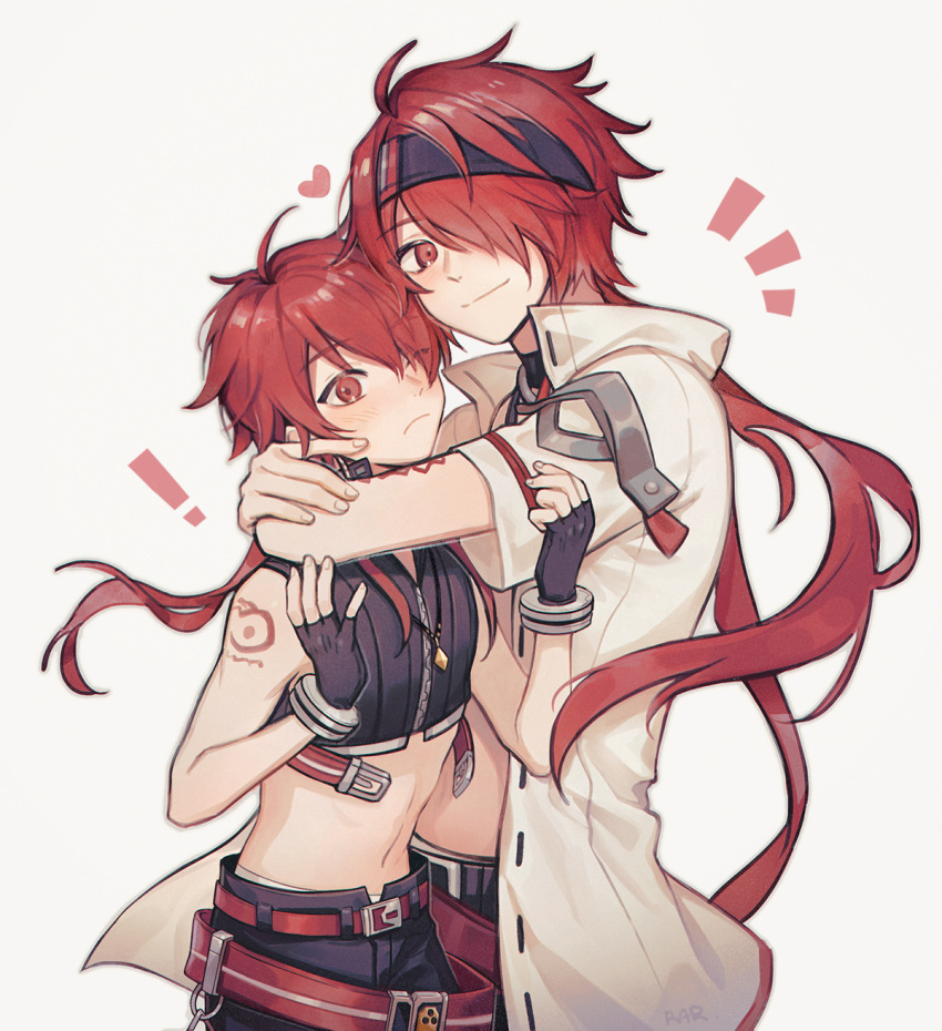 2boys black_shirt blush closed_mouth crop_top dual_persona elsword elsword_(character) highres long_hair looking_at_viewer male_focus midriff multiple_boys navel rar_(rmrs1227) red_eyes redhead rune_master_(elsword) rune_slayer_(elsword) shirt short_sleeves smile tattoo white_background white_shirt