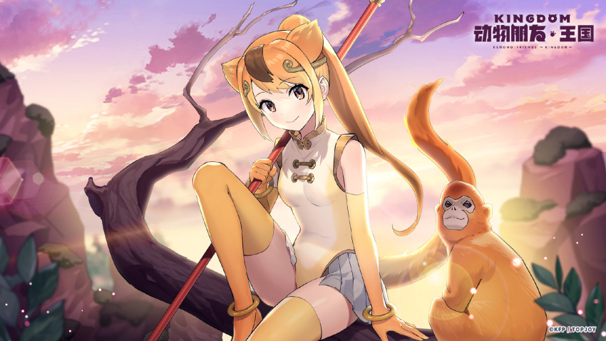 1girl animal animal_ears bare_shoulders closed_mouth elbow_gloves gloves golden_snub-nosed_monkey_(kemono_friends) hair_ornament highres jewelry kemono_friends kemono_friends_kingdom kneehighs leotard long_hair looking_at_viewer monkey monkey_ears monkey_girl monkey_tail official_art ring sky socks tail tree weapon yellow_eyes