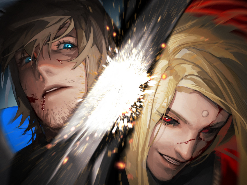2boys absurdres adventurer_(ff14) bangs battle black_sclera bleeding blonde_hair blood blood_from_mouth blood_on_face blue_eyes brown_hair chinese_commentary close-up colored_sclera commentary_request duel eboda-x facial_hair final_fantasy final_fantasy_xiv garlean grin highres hyur long_hair male_focus motion_blur multiple_boys paladin_(final_fantasy) parted_lips portrait red_eyes short_hair smile sparks stubble third_eye zenos_yae_galvus