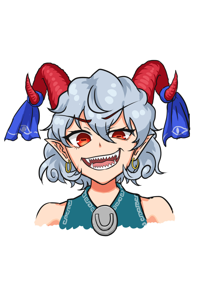 1girl absurdres bangs blue_ribbon commentary_request curly_hair earrings highres horizontal_pupils horn_ornament horn_ribbon horns jewelry kou_syu_27 looking_at_viewer pointy_ears portrait rectangular_pupils red_eyes red_horns ribbon sharp_teeth sheep_horns solo teeth touhou toutetsu_yuuma