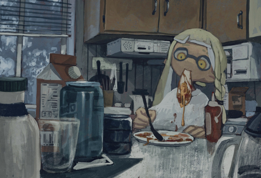 1girl asymmetrical_hair bangs blunt_bangs braid can domino_mask dr_mice faux_traditional_media food food_in_mouth fried_egg glass highres inkling inkling_girl kitchen long_hair mask messy_room milk_carton mouth_hold plate shelf side_braid sketch soda_can solo splatoon_(series) splatoon_3 stove striped_wall suction_cups tentacle_hair