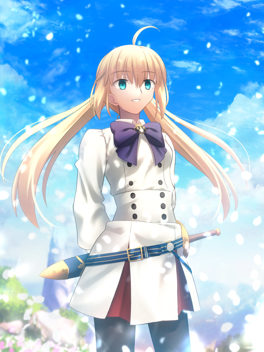 1girl absurdres ahoge aqua_eyes arms_behind_back artoria_caster_(fate) artoria_caster_(second_ascension)_(fate) artoria_pendragon_(fate) bangs belt belt_buckle black_pantyhose blonde_hair blue_belt blue_bow blue_sky bow bowtie buckle buttons clouds commentary day dress fate/grand_order fate_(series) grin hair_between_eyes highres long_hair long_sleeves looking_away outdoors pantyhose petals revision sheath sheathed shoori_(migiha) short_sword sky smile solo sword takeuchi_takashi_(style) twintails weapon white_dress