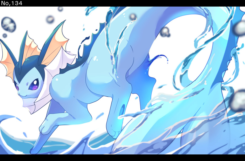 absurdres closed_mouth commentary_request from_side highres letterboxed looking_at_viewer no_humans pokedex_number pokemon pokemon_(creature) roncha_(shumokumoku) smile solo vaporeon violet_eyes water water_drop white_background