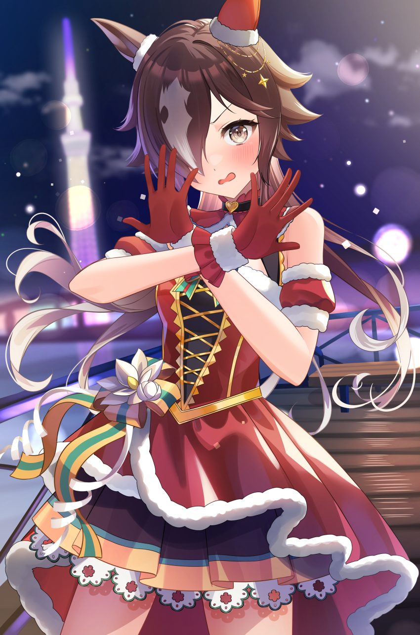 1girl absurdres animal_ears bangs bare_shoulders blurry blurry_background brown_eyes brown_hair christmas clouds cloudy_sky cosplay daiwa_scarlet_(scarlet_nuit_etoile)_(umamusume) daiwa_scarlet_(scarlet_nuit_etoile)_(umamusume)_(cosplay) daiwa_scarlet_(umamusume) dress gloves hair_over_one_eye highres horse_ears horse_girl horse_tail illuminate_the_heart_(umamusume) komachi_(gao_13) long_hair looking_at_viewer night night_sky open_mouth outdoors ponytail red_dress red_gloves sky snowing solo tail umamusume very_long_hair vodka_(umamusume)