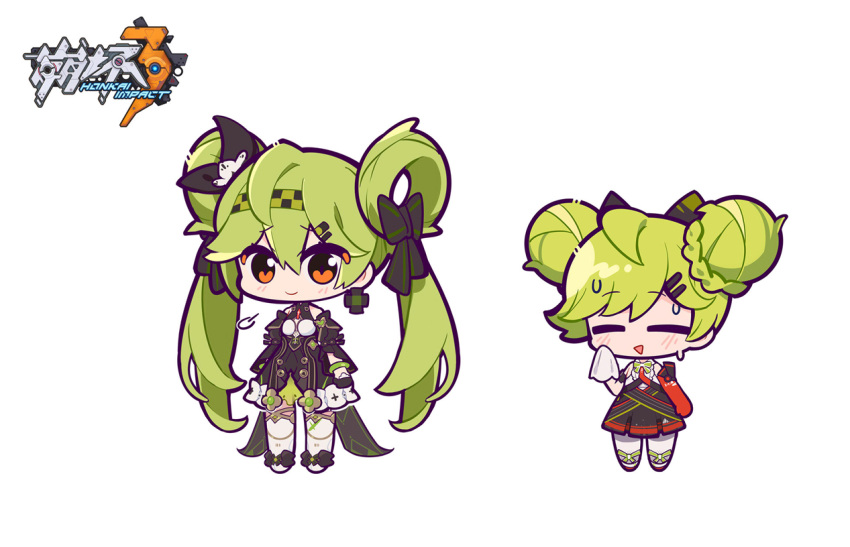 2girls :&gt; ai-chan_(chrono_navi)_(honkai_impact) ai-chan_(honkai_impact) bangs black_bow black_skirt blush bow braid chibi closed_eyes closed_mouth commentary_request copyright_name double_bun elbow_gloves gloves green_hair hair_between_eyes hair_bow hair_bun hair_ornament hair_rings hairclip honkai_(series) honkai_impact_3rd meadow_(morphinecaca) multiple_girls pleated_skirt red_eyes red_gloves shirt shoes simple_background single_glove skirt sleeveless sleeveless_shirt striped striped_bow thigh-highs triangle_mouth twintails watermark white_background white_footwear white_shirt white_thighhighs