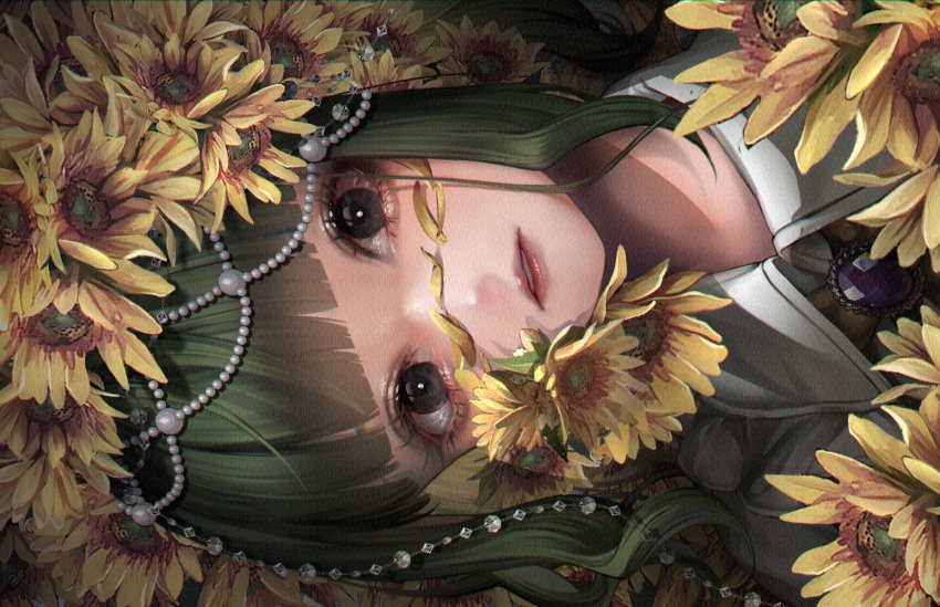 1girl ascot bangs beads blunt_bangs blush brooch check_flower expressionless eyebrows_hidden_by_hair eyelashes flower frills green_eyes hair_beads hair_ornament head_tilt highres jewelry kazami_yuuka lips looking_at_viewer medium_hair miyako_yamamoto parted_lips perspective petals solo sunflower teeth touhou upper_body wing_collar yellow_ascot yellow_flower
