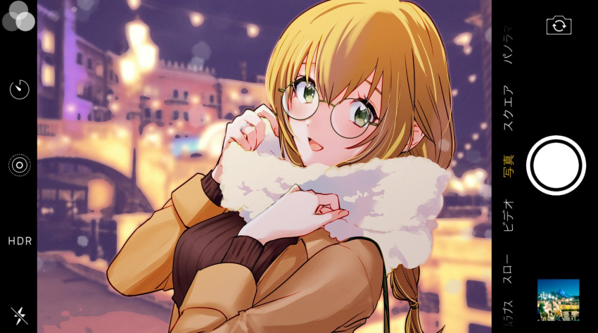 1girl bidarian blonde_hair breasts brown_jacket casual commentary_request eyebrows_hidden_by_hair glasses green_eyes highres ios_(os) jacket medium_breasts naruto naruto_(series) open_mouth phone_screen smile solo upper_body user_interface viewfinder yakushi_nonou