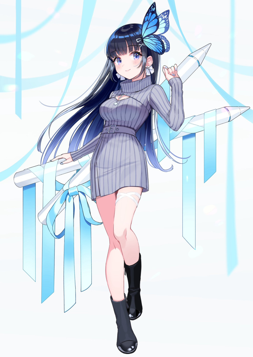 1girl aoi_nabi bangs black_hair blue_eyes bow bow_earrings butterfly_hair_ornament earrings giant grey_sweater hair_ornament hairclip highres indie_virtual_youtuber jewelry long_hair looking_at_viewer shigure_ui smile solo stylus sweater virtual_youtuber